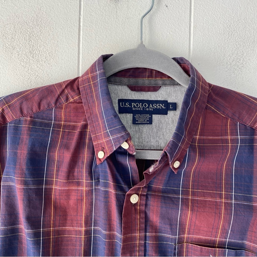U.S. Polo Assn. Shirt Mens Large Red Blue Plaid Button Down Top - Picture 6 of 9